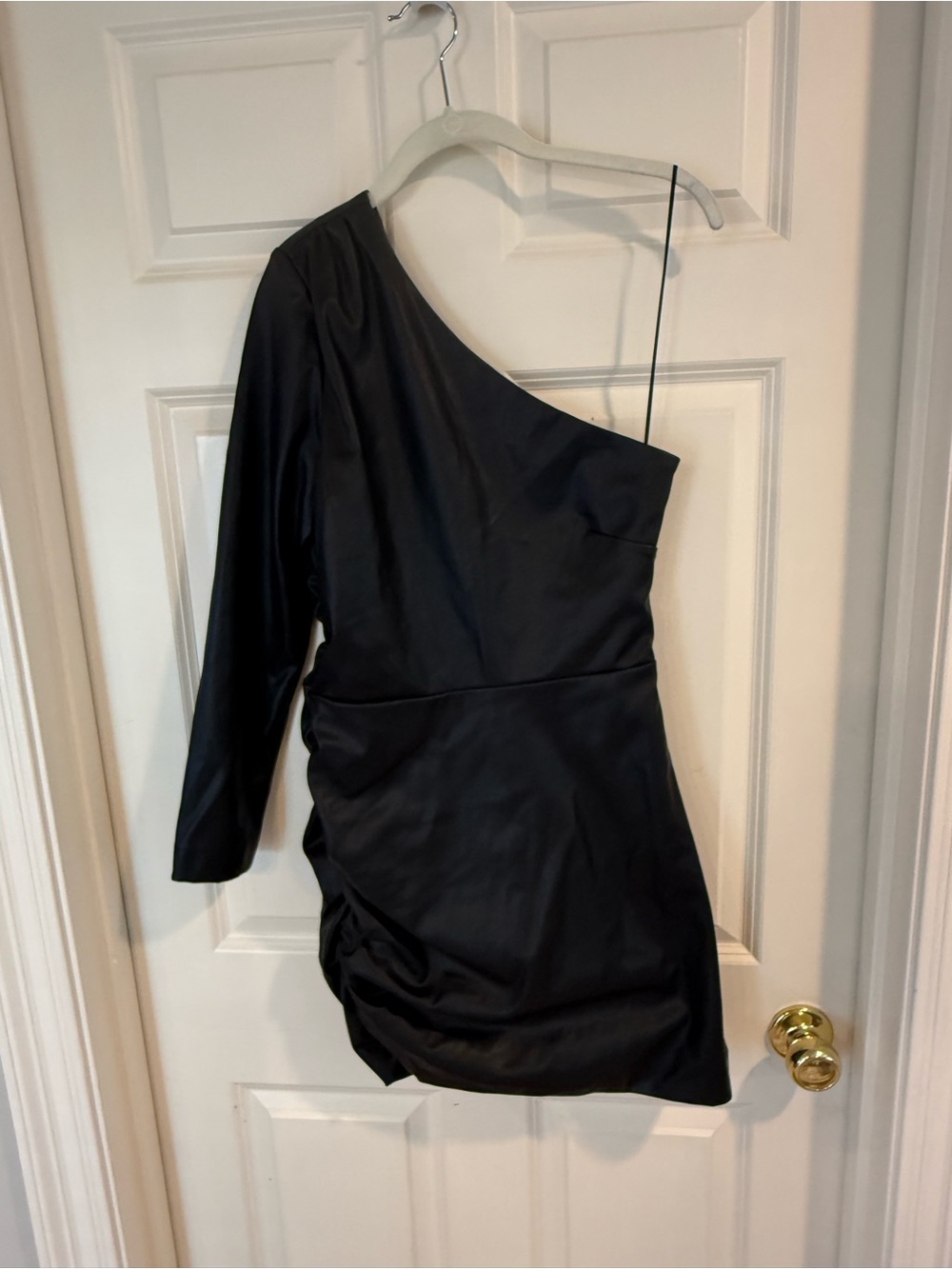 Likely One-Shoulder Leather Black Mini Dress with Long Sleeve